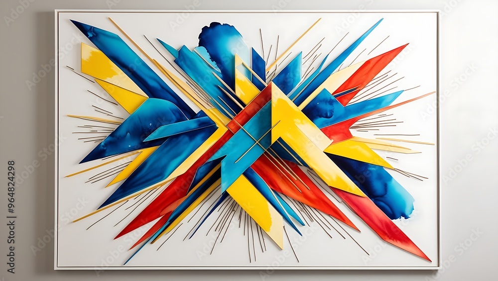 Poster modern watercolor wall decor with geometric patterns in bright, contrasting colors. triangles and bo