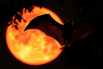 Fototapeta premium Bat Flying Through the Night Sky with a Blood Red Moon