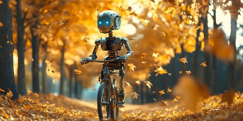 Humanoid robot rides a bicycle along the autumn alley, technology with nature and the futuristic concept