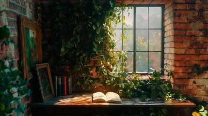 Fototapeta premium interior of brick house with plants on wall