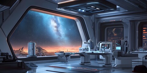 Futuristic space station interior with sleek technology