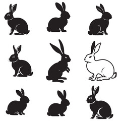 Fototapeta premium Silhouette rabbit or bunny animal black color, Rabbit sitting on the ground silhouette black color vector art illustration