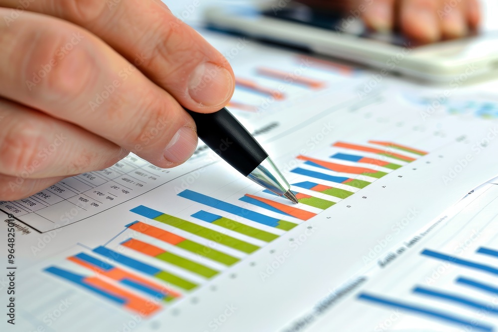 Aufkleber a hand holds a pen, pointing at colorful bar graphs printed on paper, surrounded by data tables and 