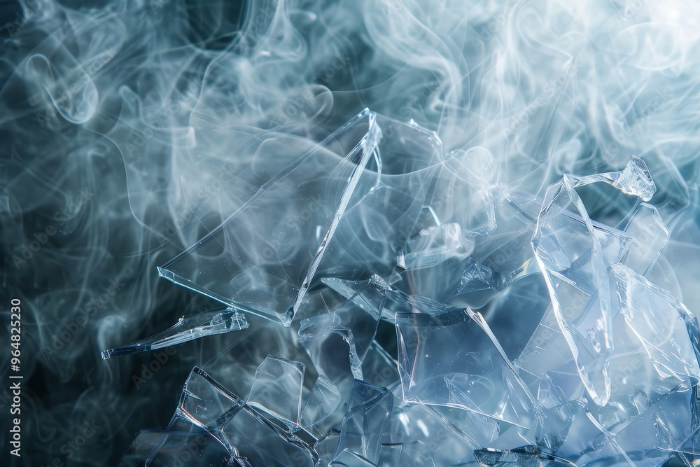 Poster scattered shards of glass lay on a surface, enveloped in a delicate wispy fog that gently curls and 
