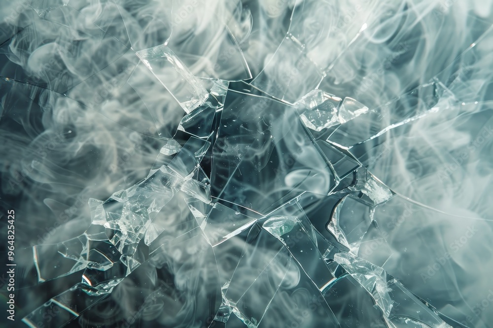Poster shattered pieces of glass create an intricate pattern while wisps of smoke swirl around them, highli