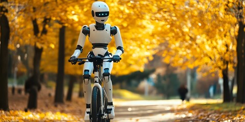 Humanoid robot rides a bicycle along the autumn alley, technology with nature and the futuristic concept