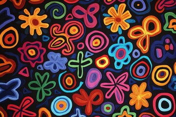 Fototapeta premium Vibrant, colorful doodle pattern featuring flowers and abstract shapes on a dark background, perfect for modern designs.