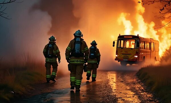 Firefighters Responding to a Burning School Bus