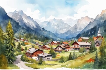 Watercolor illustration of small village in Europe. Alpine landscape on white background
