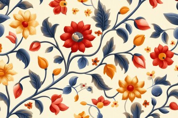 Vibrant floral pattern featuring red, yellow, and blue flowers with lush green leaves on a cream background.