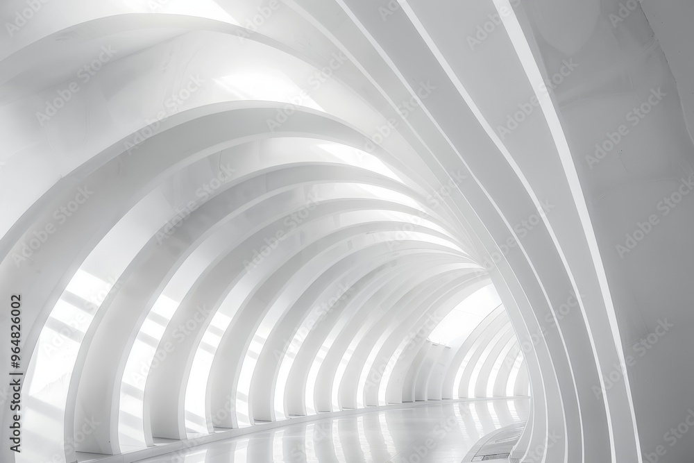 Poster a sleek urban tunnel features flowing curved white walls illuminated by soft light, creating a futur