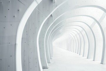A sleek corridor showcases elegantly curved arches and pristine white walls, creating a serene and spacious atmosphere enhanced by natural light flowing through.
