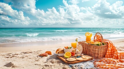 Obraz premium A picnic basket with orange juice and snacks on the beach.