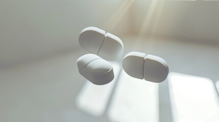 A pair of earbuds suspended in mid-air