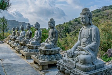 Fototapeta premium Group of statues sitting on a stone bench, suitable for use in historical or art-themed contexts