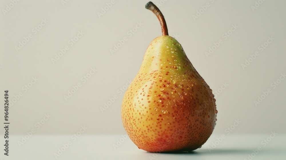 Poster a single pear sits on a white table