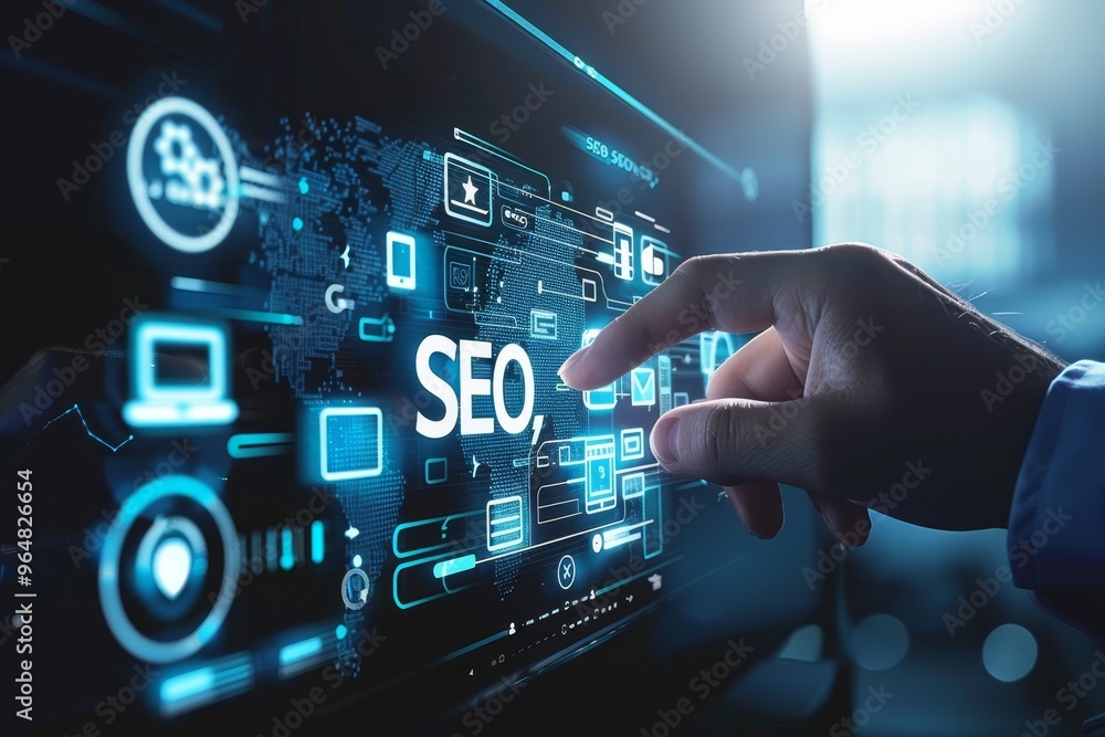 Poster a hand points at a digital interface that displays various seo metrics and analytics, emphasizing th