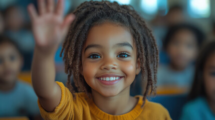 Happy young girl raising her hand in a classroom, smiling brightly, ready to participate and engage in learning with enthusiasm and curiosity, surrounded by other students
