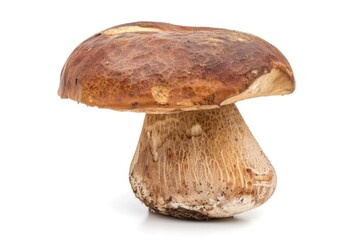 A single mushroom grows on a clean white surface