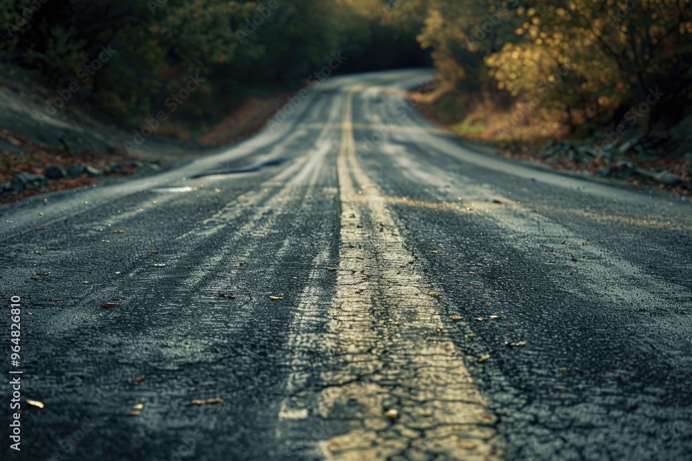 Poster a yellow line running down the center of a road, suitable for use in illustrations about infrastruct