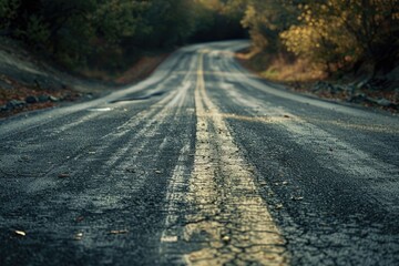 A yellow line running down the center of a road, suitable for use in illustrations about infrastructure, transportation, or urban planning