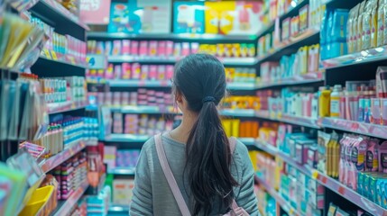 A woman exploring colorful shelves in a store, surrounded by various products. The vibrant display catches her attention.