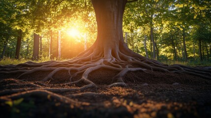 Close-up of the strong roots of a large tree with the sunset in the background. Concept of the beauty of nature and connection to spiritual growth.