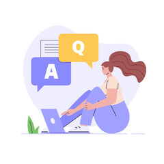 Woman asking question in support chat. Customer finding answer. Concept of customer guide, support chat, faq, questions and answers. Vector illustration flat design for banner, landing page template