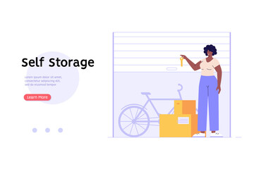 Woman keeping personal items in rental self-storage unit. Rent mini garage. Concept of self storage unit, small mini warehouse, rental garage. Vector illustration in flat design for web banner