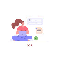 Woman recognizing text of document with phone and ai. User scanning text file. Concept of text file recognition, OCR, optical character recognition. Vector illustration in flat design for web banner