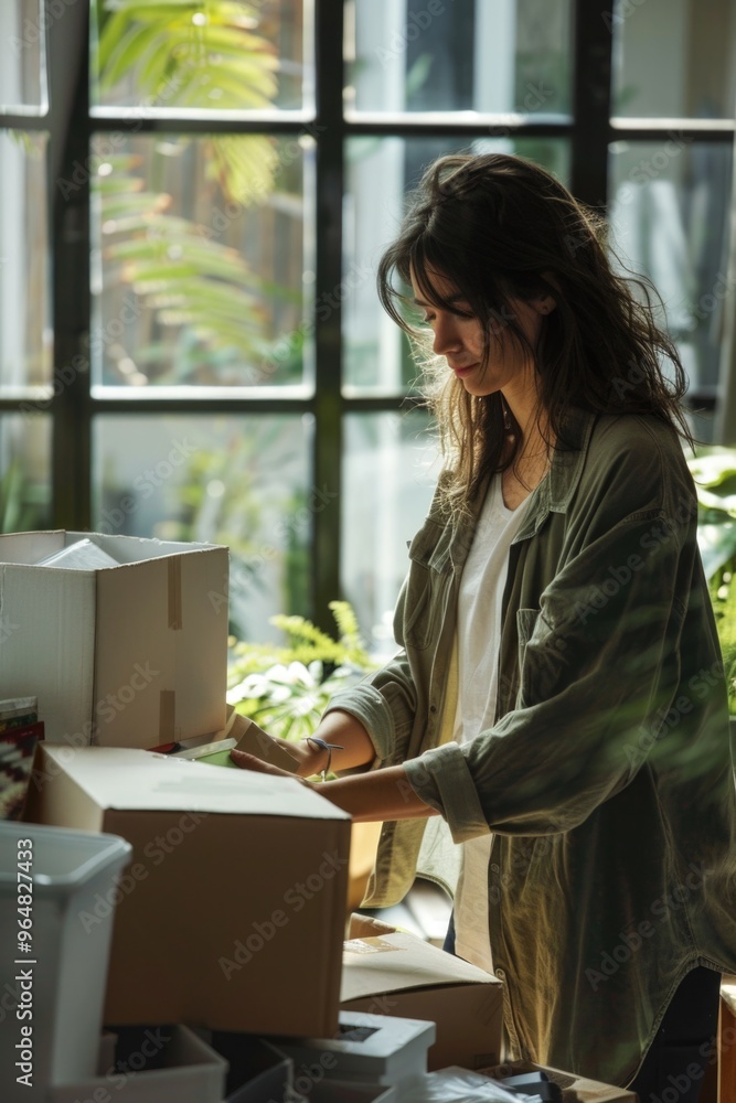 Poster a person holding and standing near a stack of boxes