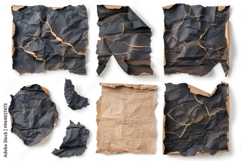 Aufkleber a collection of torn paper fragments on a white surface