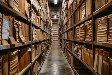 Obraz premium Rows of tall metal shelves are lined with numerous brown folders and documents, showcasing a meticulously organized archival storage room.