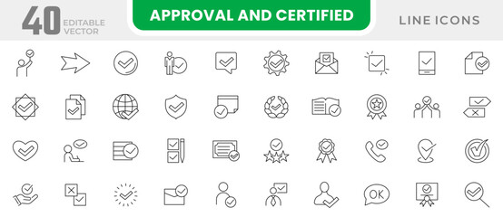 Approval and certified line icon collection. Approve, protection, certified, guarantee, accept, document, quality check, validation, confirmation, check list, checkmark icon set. UI outline icon pack