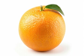 A juicy orange with a single leaf sitting on top