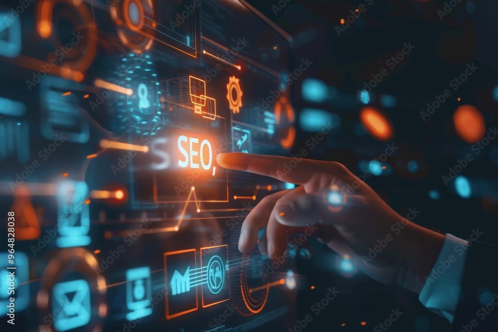 Aufkleber a hand reaches out to engage with dynamic icons that highlight seo methods, showcasing cutting-edge 