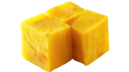 Three ripe mango cubes stacked on top of each other, perfect for a fruit display or garnish