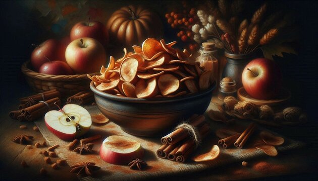 a bowl of dried apple slices, whole and halved apples, cinnamon sticks, a pumpkin, and a bundle of wheat on a dark background.