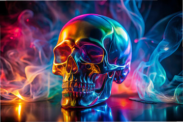 A colorful skull is sitting on a table in front of a colorful smoke. The skull is surrounded by a rainbow of colors, giving it a surreal and otherworldly appearance. The smoke adds to the mysterious