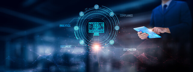 Legal Technology: Businessman using tablet analyzing legal technology record on tablet. Digital contracts and network connection on modern virtual screen interface, compliance, technology and network.