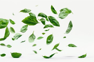 Naklejka premium A cluster of green leaves suspended in mid-air, as if blown by wind