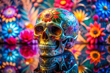 Fototapeta premium A colorful skull with flowers painted on it sits on a table. The skull is surrounded by a variety of colorful flowers, creating a vibrant and lively atmosphere. The combination of the skull