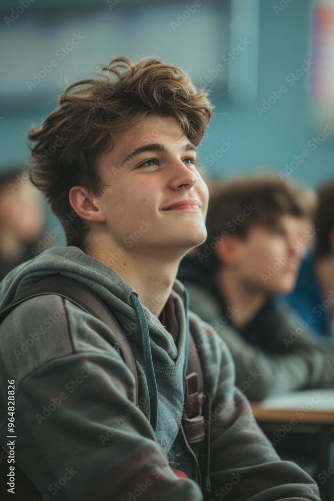 Poster a student sits at a desk in a classroom, focusing on their work
