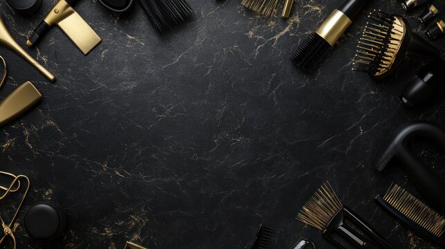 Golden and Black Hairdressing Tools on Black Marble