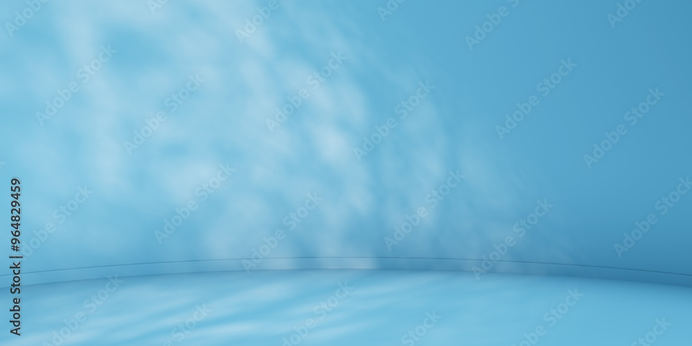 Poster blue minimalist curved studio for product presentation. empty room with shadows of tree leaves. 3d r