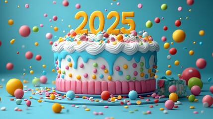 Happy New Year 2025 Number. Symbols realistic cartoon 3d render with gift box. Christmas decoration. Celebrate party color sign 2025. Xmas Poster, banner. ai generated