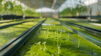 Sunlit Algae Farm in a Modern Greenhouse