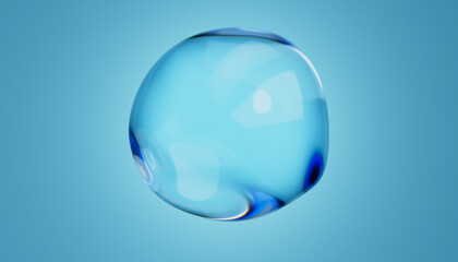 Abstract water bubble on blue background. Blue distorted droplet floating, Purity concept. 3d render illustration