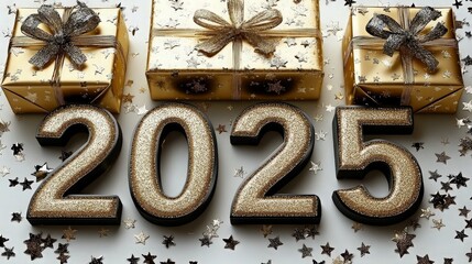 Happy New Year 2025 Number. Symbols realistic cartoon 3d render with gift box. Christmas decoration. Celebrate party color sign 2025. Xmas Poster, banner. ai generated