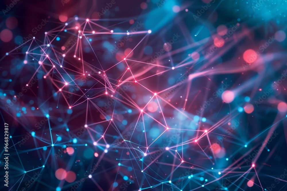 Poster a dynamic representation of a network, featuring colorful nodes and lines that illustrate connection